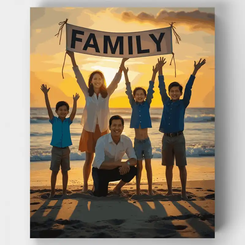 Atardecer Familiar en la Playa - Kit de pintar por números - Lienzo Enrollado / 24 Colores Ordena Ya