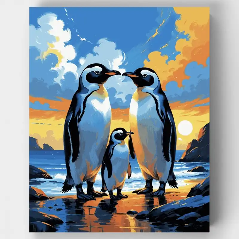 Familia de Pingüinos al Atardecer - Kit de pintar por números - Lienzo Enrollado / 24 Colores Máxima Calidad