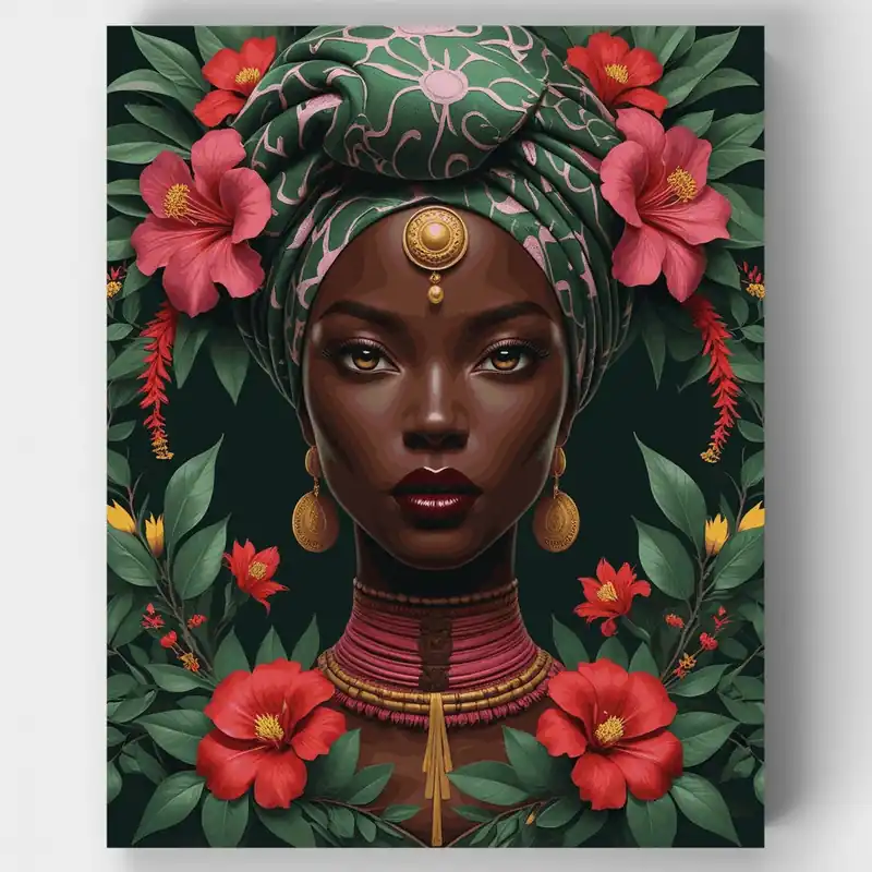 Reina Africana con Flores de Hibisco - Kit de pintar por números - Lienzo Enrollado / 24 Colores Oferta Flash