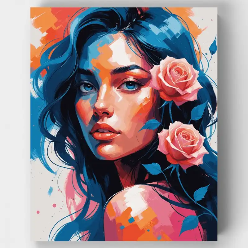 A Buen Precio Belleza de Cabello Azul con Rosas - Kit de pintar por números - Lienzo Enrollado / 24 Colores