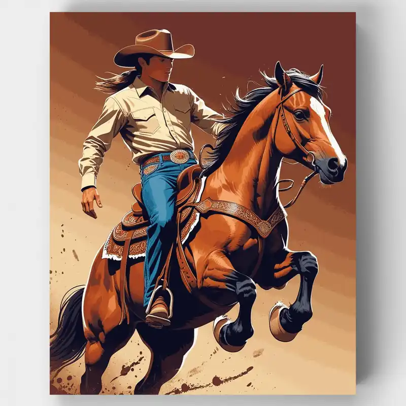 Certificado Vaquero de Rodeo y Caballo Castaño - Kit de pintar por números - Lienzo Enrollado / 24 Colores