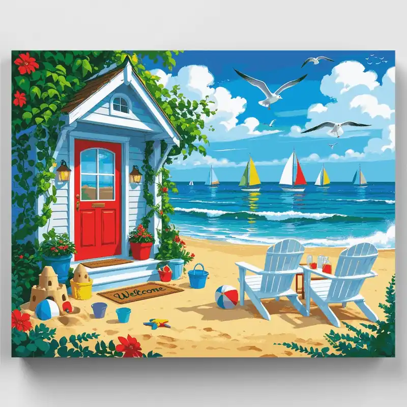 Cabaña junto al mar - Kit de pintar por números - Lienzo Enrollado / 24 Colores Mayoreo