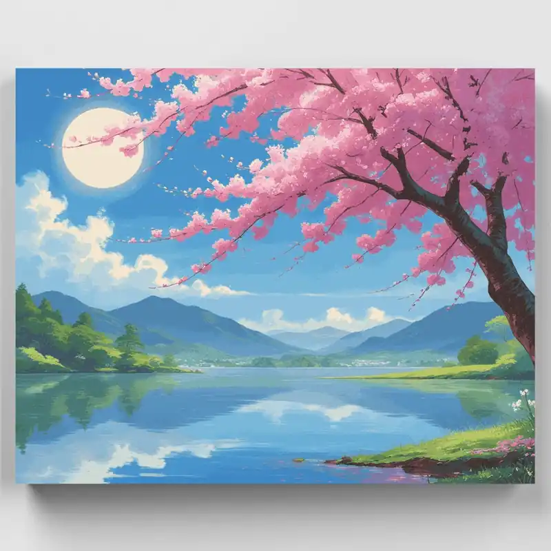 Vista del Lago con Flores de Cerezo - Kit de pintar por números - Lienzo Enrollado / 24 Colores Oferta