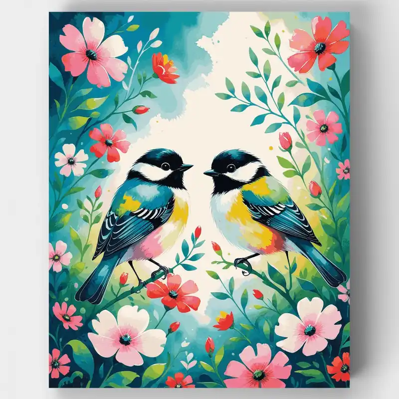 Garantía Incluida Pájaros y Flores de Primavera - Kit de pintar por números - Lienzo Enrollado / 24 Colores