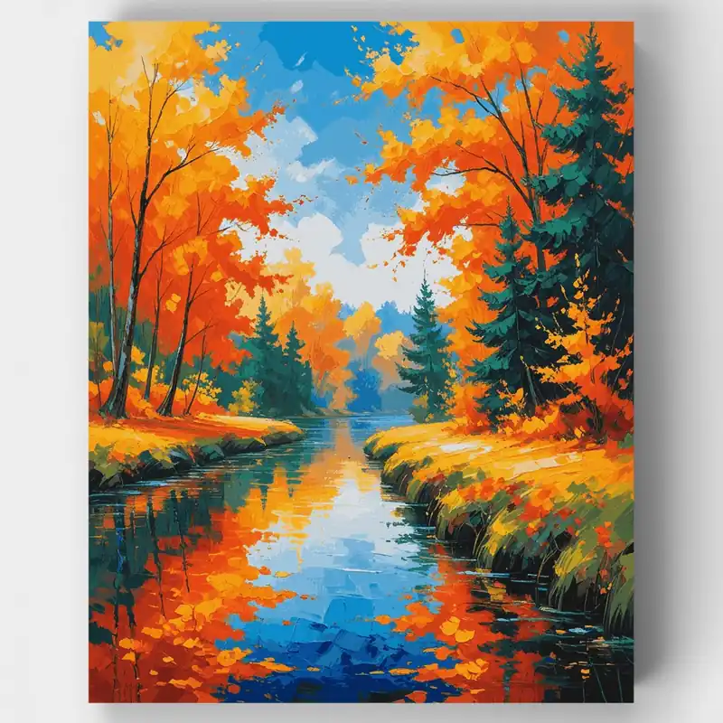 Reflejos de Arroyo Otoñal - Kit de pintar por números - Lienzo Enrollado / 24 Colores Promoción Exclusiva