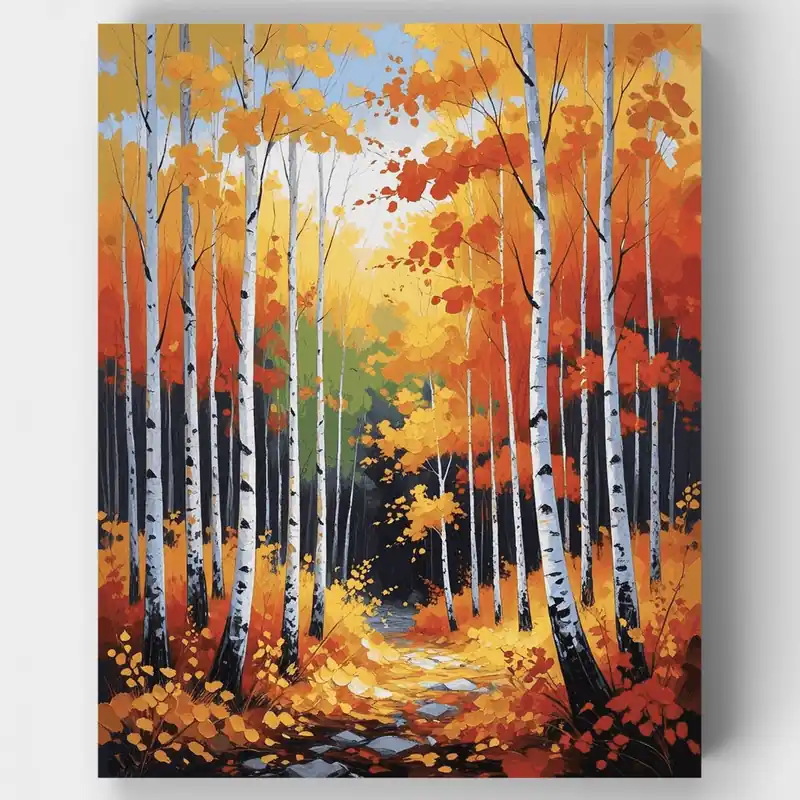 Solo Hoy Sendero del Bosque de Abedules en Otoño - Kit de pintar por números - Lienzo Enrollado / 24 Colores