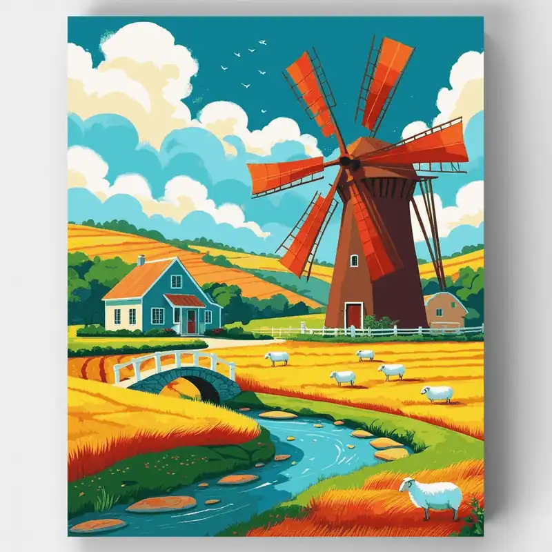 Edición Limitada Molino de Viento del Campo Holandés - Kit de pintar por números - Lienzo Enrollado / 24 Colores