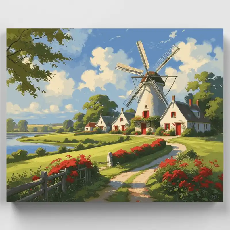 Pueblo de Molinos Holandeses - Kit de pintar por números - Lienzo Enrollado / 24 Colores Compra Ahora