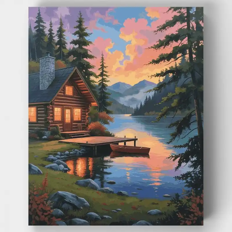 Cabaña junto al lago al atardecer - Kit de pintar por números - Lienzo Enrollado / 24 Colores Última Oportunidad