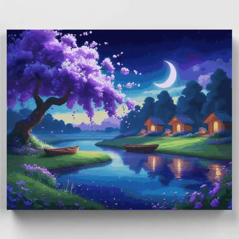 Cabañas junto al lago bajo la luna - Kit de pintar por números - Lienzo Enrollado / 24 Colores Precio Económico