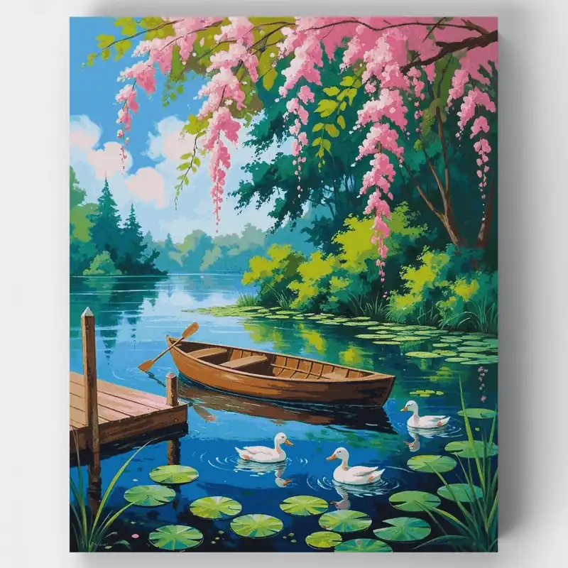 Lago Sereno con Flores de Cerezo - Kit de pintar por números - Lienzo Enrollado / 24 Colores Entrega Rápida