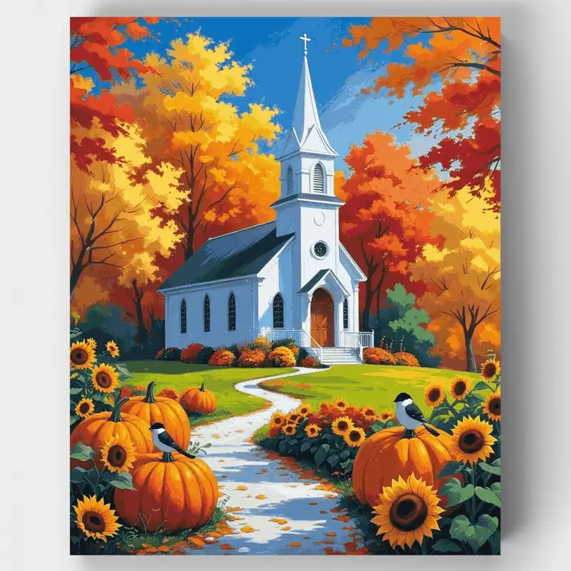 Iglesia de Otoño con Calabazas y Girasoles - Kit de pintar por números - Lienzo Enrollado / 24 Colores Última Oportunidad