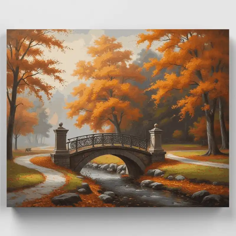 Puente de Piedra Otoñal en Parque Brumoso - Kit de pintar por números - Lienzo Enrollado / 24 Colores Envío Internacional