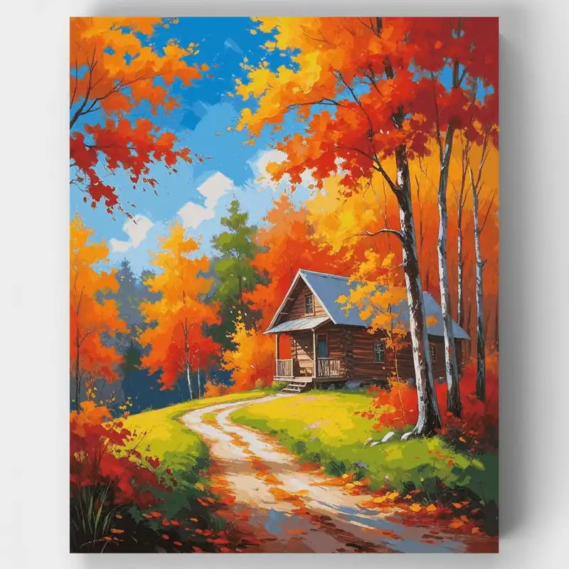 Cabaña de Otoño en el Bosque - Kit de pintar por números - Lienzo Enrollado / 24 Colores Imprescindible (Must-Have)