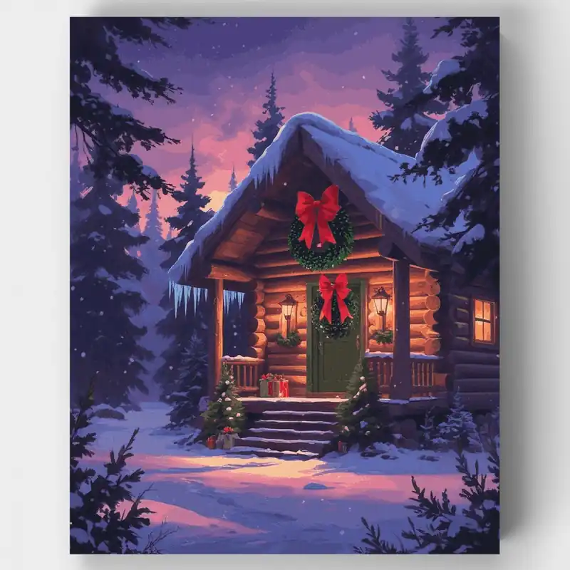 Cabaña Navideña en Bosque Nevado - Kit de pintar por números - Lienzo Enrollado / 24 Colores Venta Final
