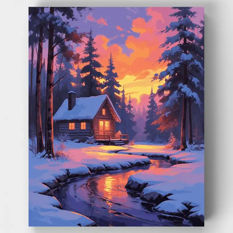 Envío Exprés Cabaña Nevada con Resplandor del Atardecer - Kit de pintar por números - Lienzo Enrollado / 24 Colores