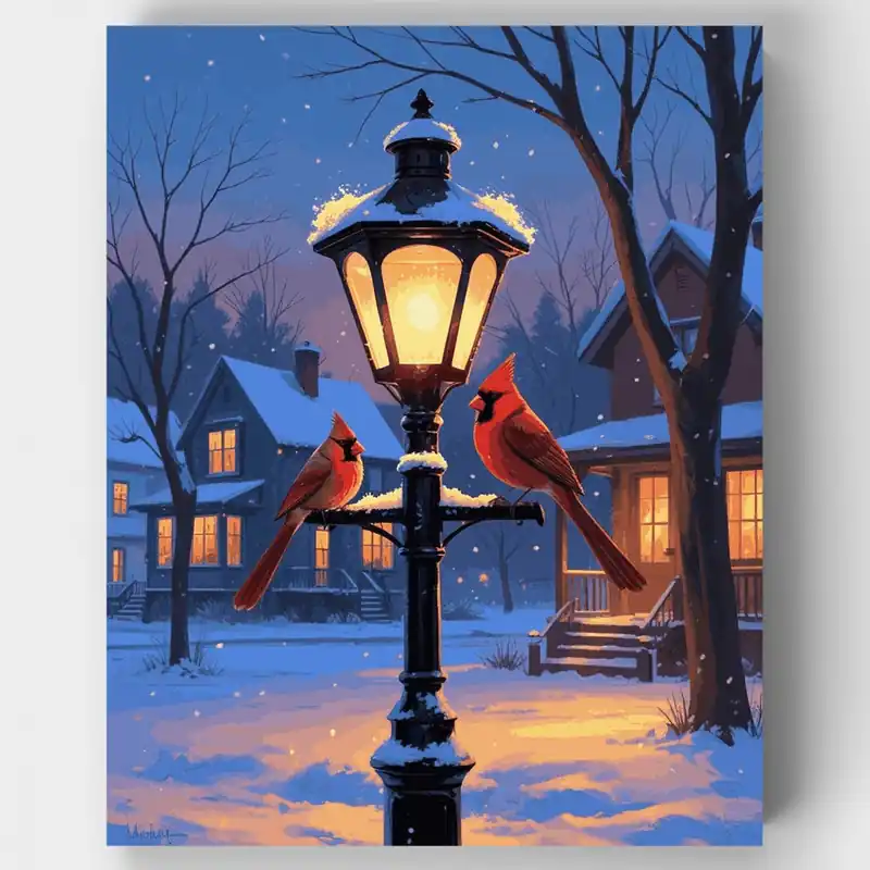 Cardenales de Invierno en Poste de Luz - Kit de pintar por números - Lienzo Enrollado / 24 Colores Envío Internacional