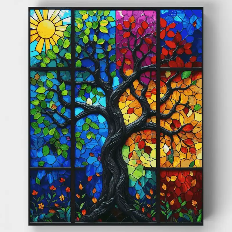 Última Versión Árbol de las Estaciones en Vidrieras - Kit de pintar por números - Lienzo Enrollado / 24 Colores