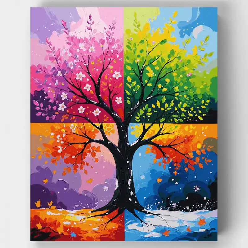 Árbol Vibrante de las Cuatro Estaciones - Kit de pintar por números - Lienzo Enrollado / 24 Colores Artesanal