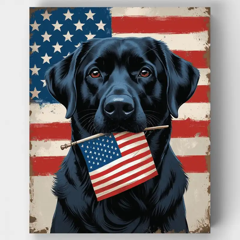 Envío Exprés Labrador Negro Patriótico con Bandera Americana - Kit de pintar por números - Lienzo Enrollado / 24 Colores