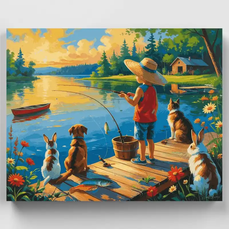 Gran Oferta Pescando con Amigos Animales - Kit de pintar por números - Lienzo Enrollado / 24 Colores