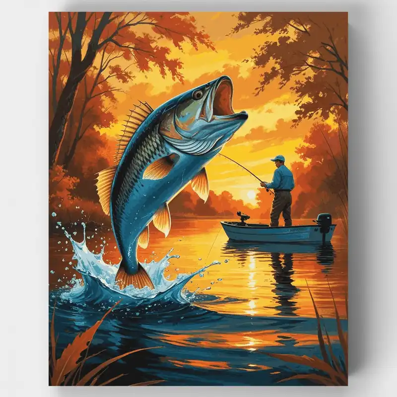 Envío Inmediato Pesca de Lubina al Atardecer - Kit de pintar por números - Lienzo Enrollado / 24 Colores
