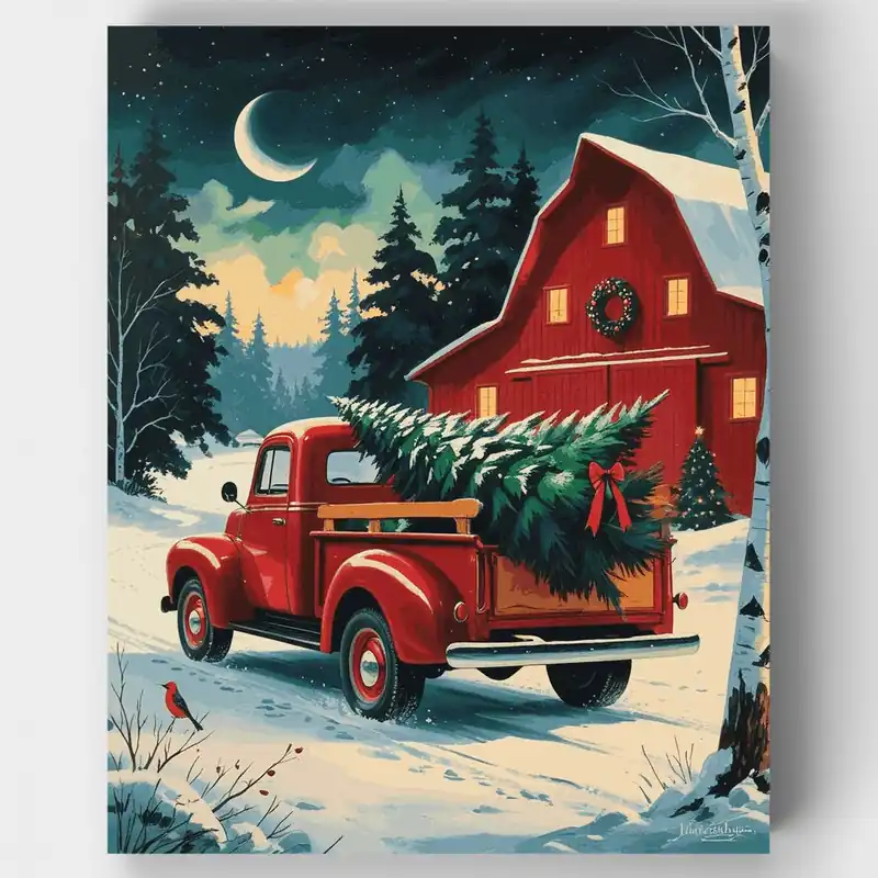 Granero Navideño de Invierno con Camión Rojo - Kit de pintar por números - Lienzo Enrollado / 24 Colores Nueva Colección