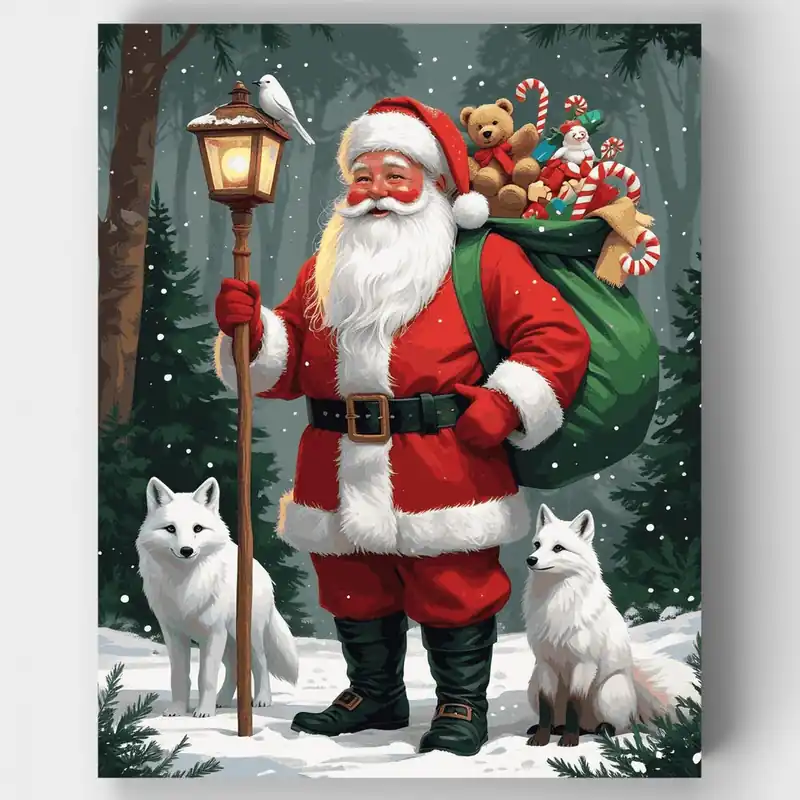 Precio Reducido Santa Claus con Zorros Árticos - Kit de pintar por números - Lienzo Enrollado / 24 Colores