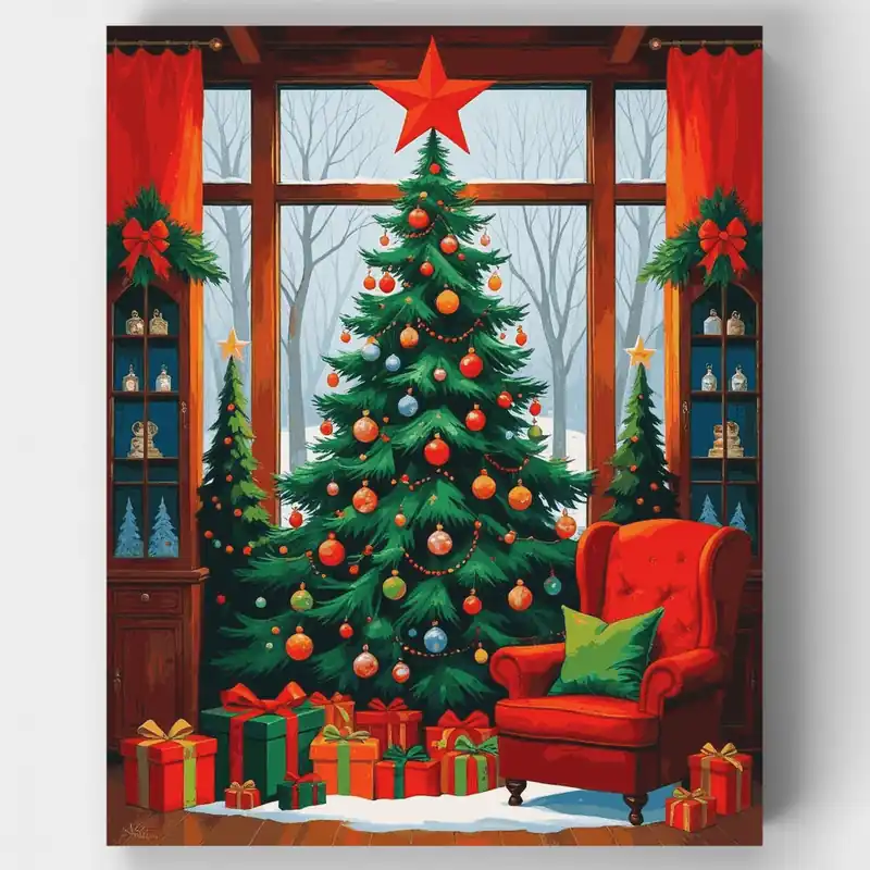 Árbol de Navidad y Regalos - Kit de pintar por números - Lienzo Enrollado / 24 Colores Solo Por Tiempo Limitado