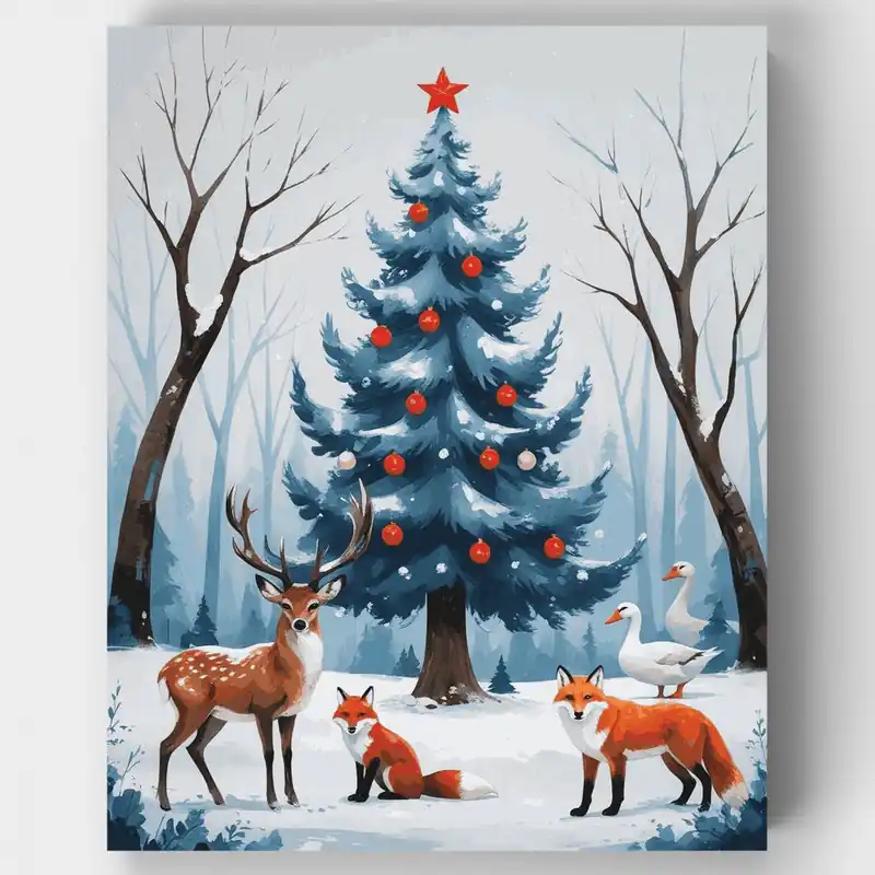 Bosque Invernal Árbol de Navidad con Vida Silvestre - Kit de pintar por números - Lienzo Enrollado / 24 Colores Directo De Fábrica