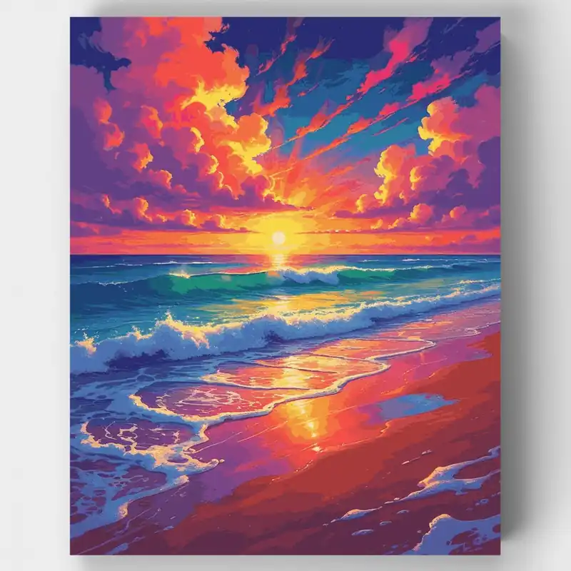 Kit de pintar por números Olas de Playa al Atardecer Vibrante - Lienzo Enrollado / 24 Colores De Moda