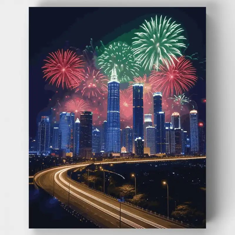 Horizonte de la Ciudad con Fuegos Artificiales - Kit de pintar por números - Lienzo Enrollado / 24 Colores Oferta Limitada