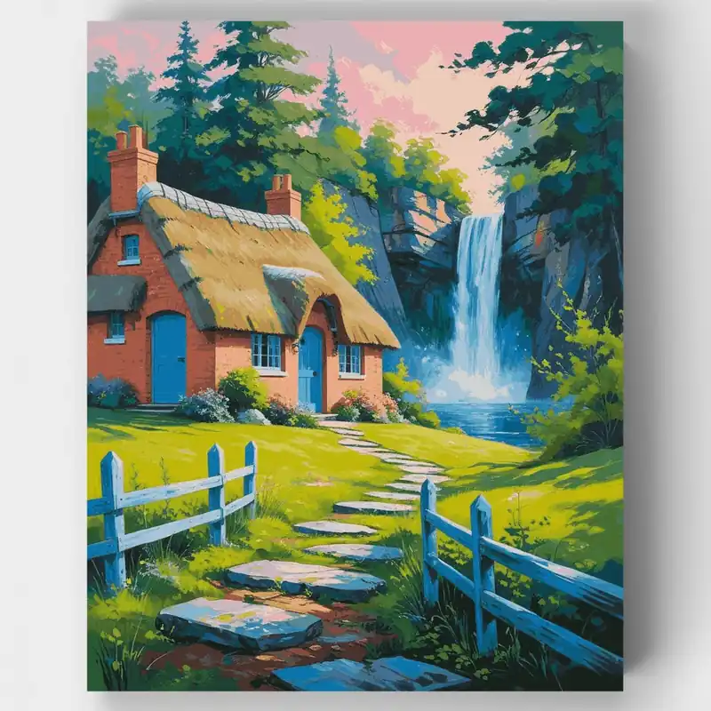 Cabaña junto a la Cascada - Kit de pintar por números - Lienzo Enrollado / 24 Colores Garantía De Devolución De Dinero