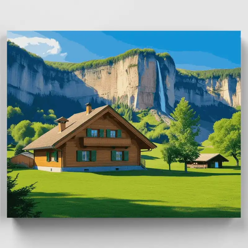 Promoción Chalet Alpino con Cascada - Kit de pintar por números - Lienzo Enrollado / 24 Colores