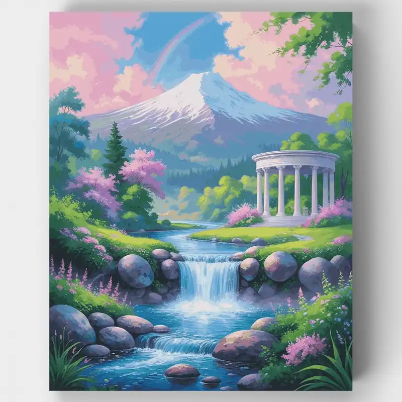 Cascada de Montaña Tranquila con Pabellón Clásico - Kit de pintar por números - Lienzo Enrollado / 24 Colores Precio De Fábrica