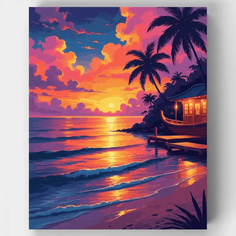 Precio Rebajado Atardecer en Bungalow de Playa Tropical - Kit de pintar por números - Lienzo Enrollado / 24 Colores