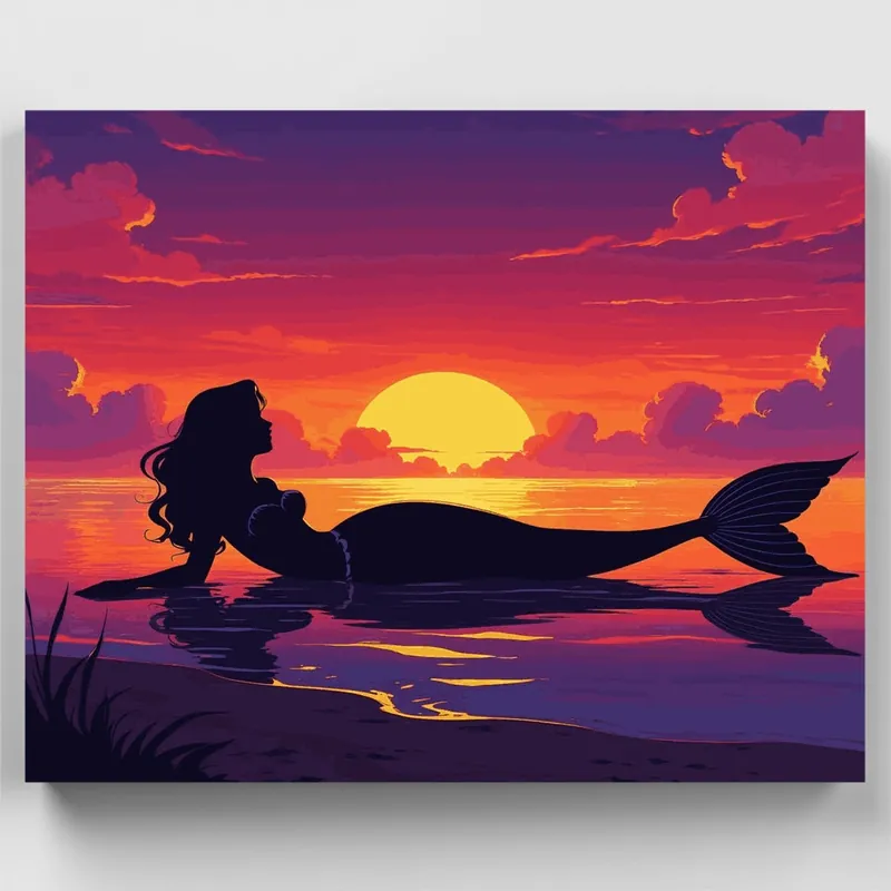 Silueta de Sirena al Atardecer - Kit de pintar por números - Lienzo Enrollado / 24 Colores Económico