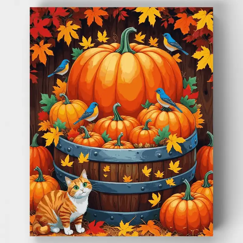 Marca Reconocida Cosecha de Otoño con Calabazas y Gato - Kit de pintar por números - Lienzo Enrollado / 24 Colores