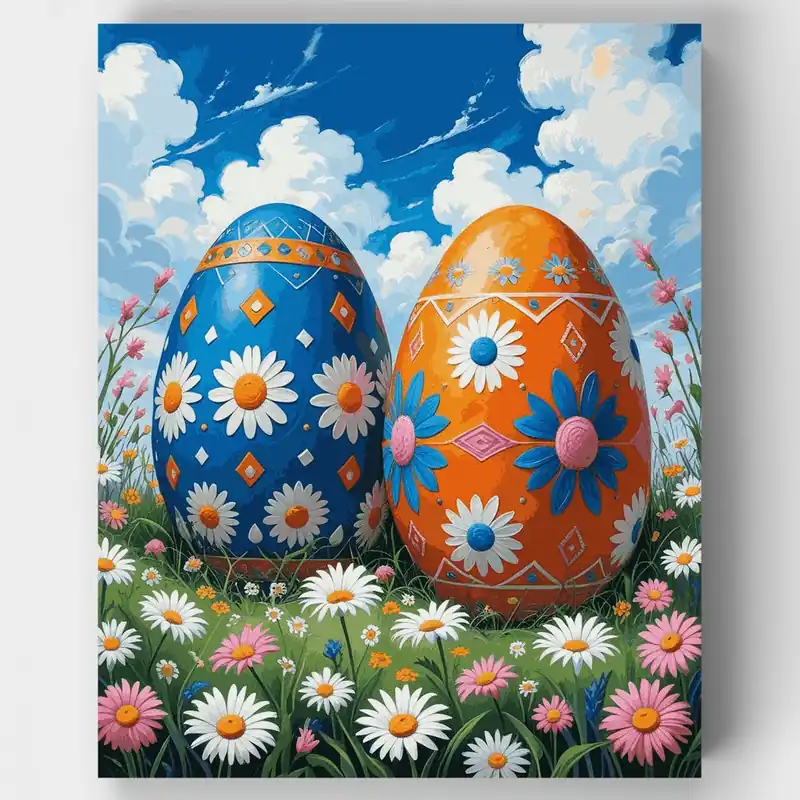 Popular Huevos de Pascua en Campo de Margaritas - Kit de pintar por números - Lienzo Enrollado / 24 Colores
