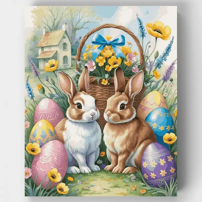 Conejitos de Pascua con Huevos Decorados - Kit de pintar por números - Lienzo Enrollado / 24 Colores Nueva Colección