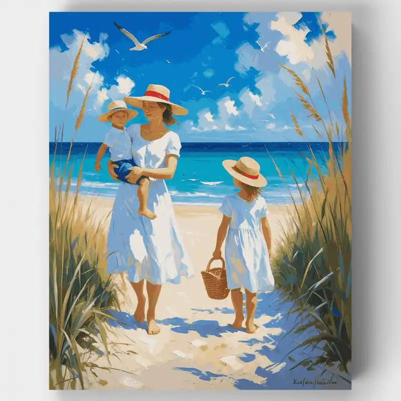 Garantía Incluida Día de Playa con Mamá y Niños - Kit de pintar por números - Lienzo Enrollado / 24 Colores