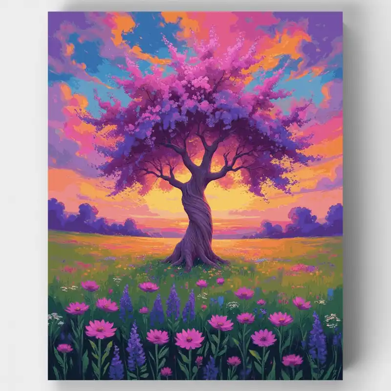 Gran Oferta Árbol Púrpura Mágico en Prado Floreciente - Kit de pintar por números - Lienzo Enrollado / 24 Colores