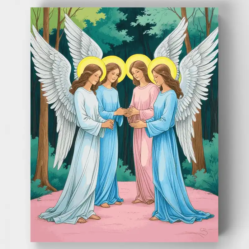 Última Versión Cuatro Ángeles en el Bosque - Kit de pintar por números - Lienzo Enrollado / 24 Colores