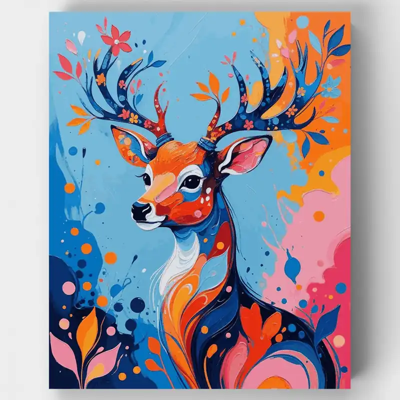 Ciervo Vibrante con Astas Florales - Kit de pintar por números - Lienzo Enrollado / 24 Colores Promoción Exclusiva
