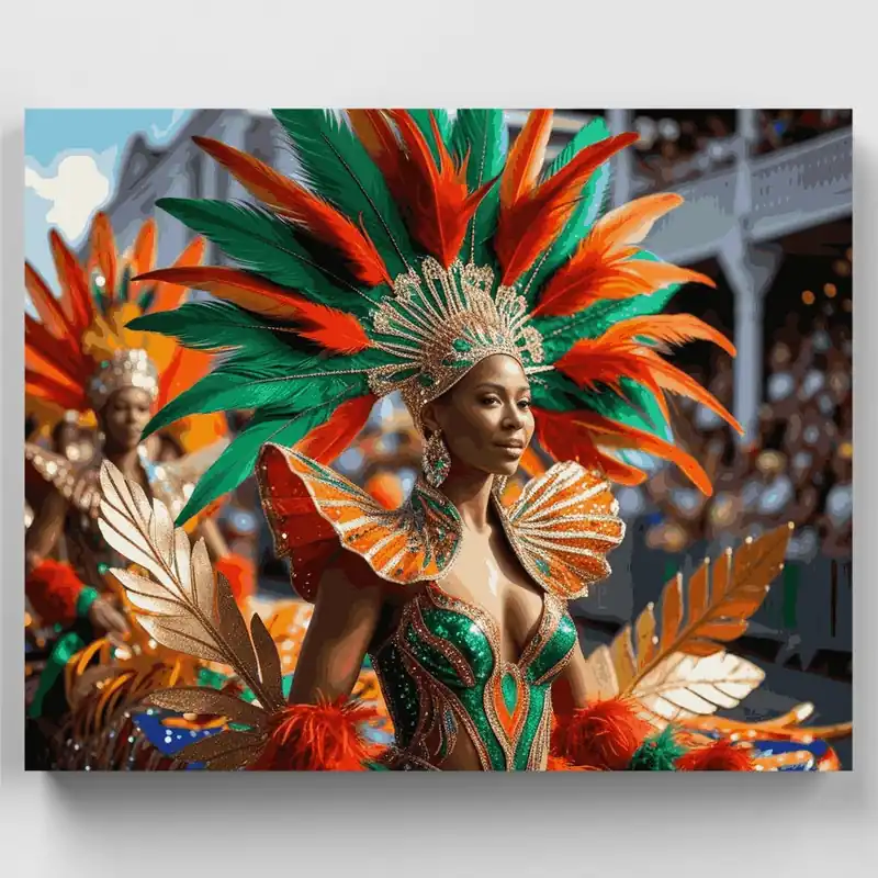 Bailarina de Carnaval con Traje de Plumas Vibrantes - Kit de pintar por números - Lienzo Enrollado / 24 Colores Ordenar Ahora Mismo
