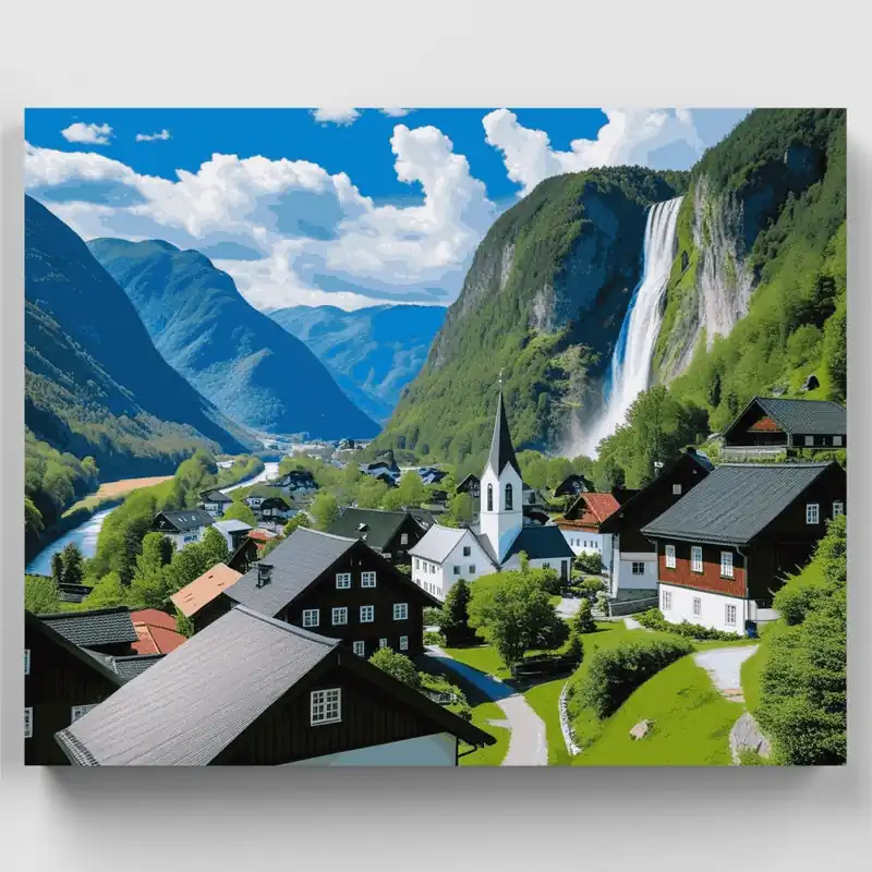 Pintoresco Pueblo de Montaña Suizo con Cascada Dramática - Kit de pintar por números - Lienzo Enrollado / 24 Colores Barato