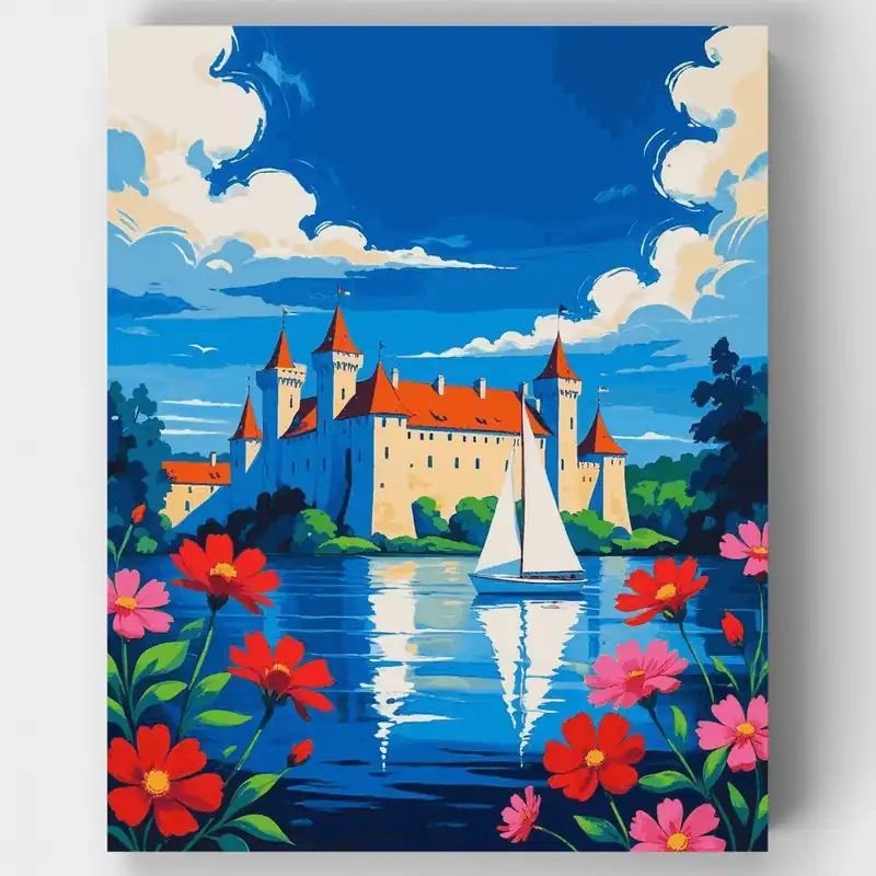 Castillo de Cuento de Hadas junto al Lago - Kit de pintar por números - Lienzo Enrollado / 24 Colores Entrega Rápida