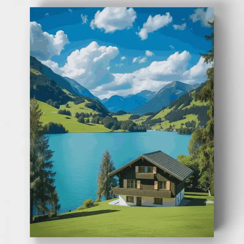 Popular Chalet del Lago Alpino Suizo - Kit de pintar por números - Lienzo Enrollado / 24 Colores