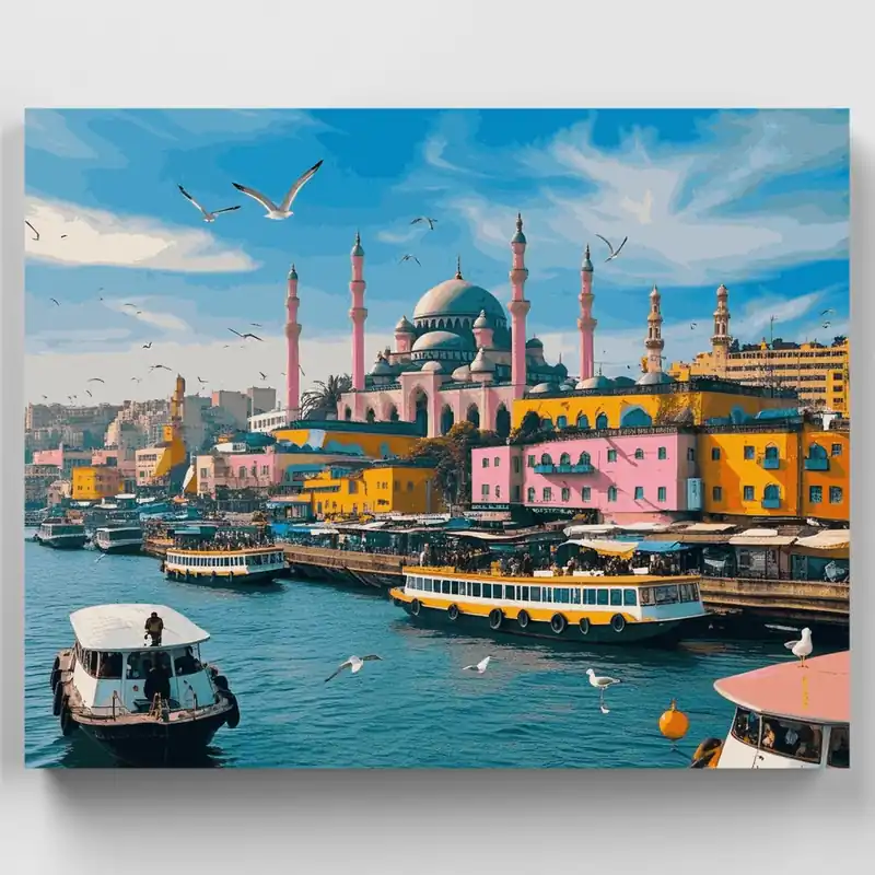 Últimas Unidades Puerto de Estambul con Mezquita - Kit de pintar por números - Lienzo Enrollado / 24 Colores