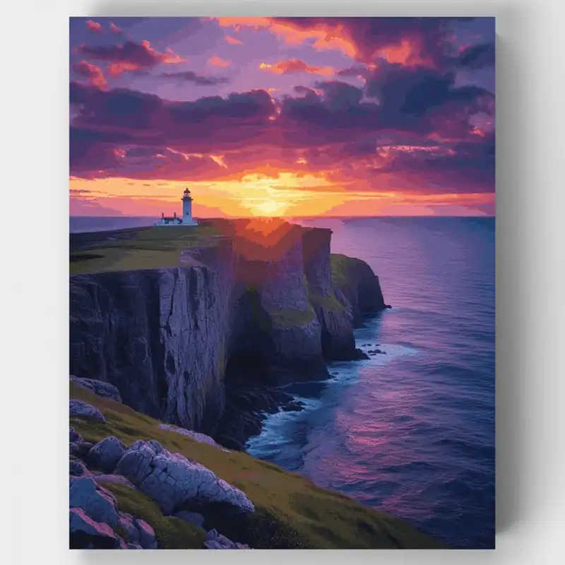 Gran Oferta Faro Escocés al Atardecer - Kit de pintar por números - Lienzo Enrollado / 24 Colores